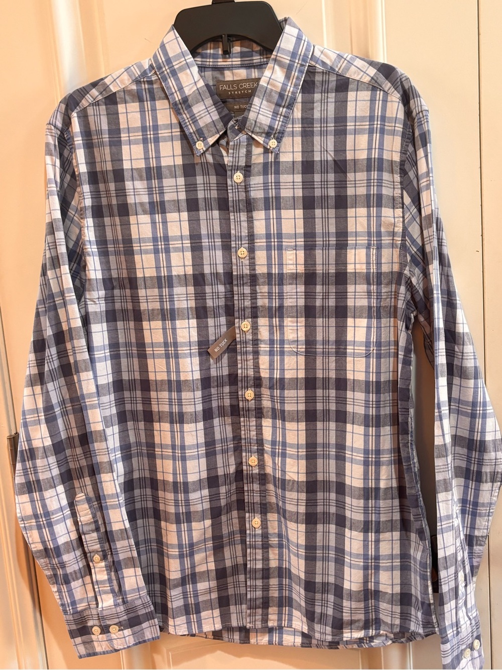 Falls Creek Stretch No Tuck Plaid Button-Up Shirt Blue/White Mens M